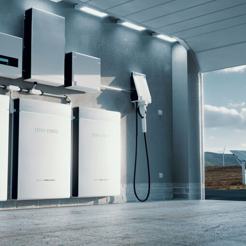 Concept of a home energy storage system based on a lithium ion battery pack situated in a modern garage with  view on a vast landscape with solar power plant and wind turbine farm. 3d rendering.
